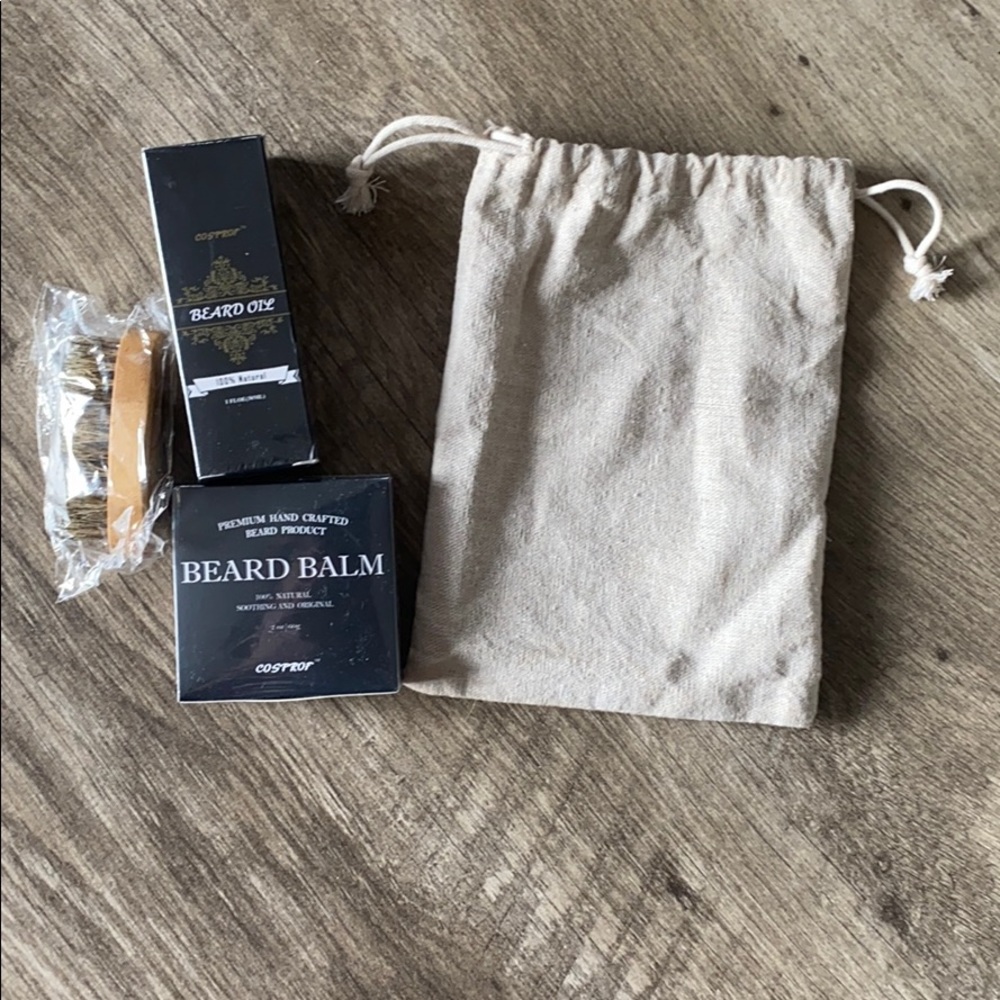 Beard balm, beard oil, and beard brush kit